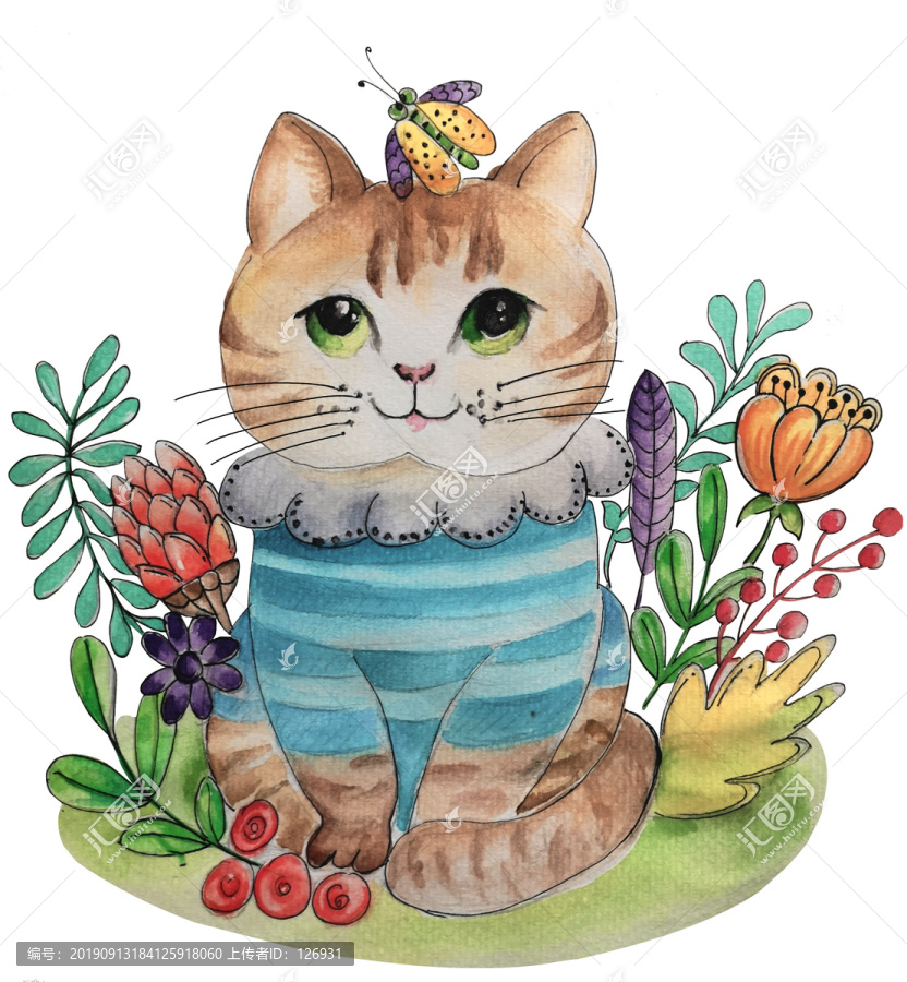 可爱猫咪花卉插画