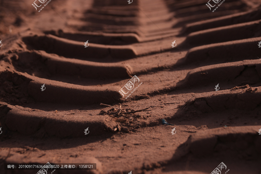 沙漠上的拖拉机轱辘印记车辙轮胎