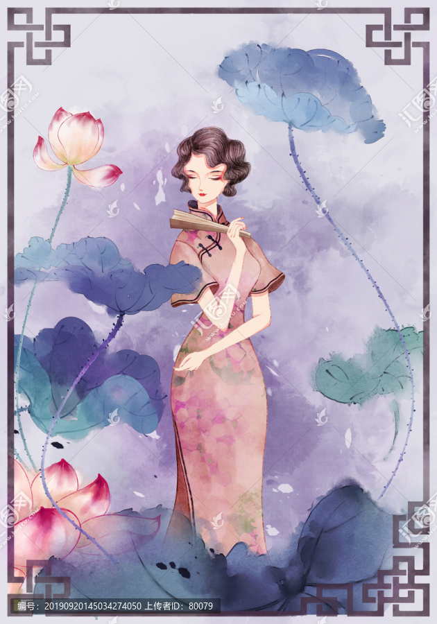 旗袍美女賞荷