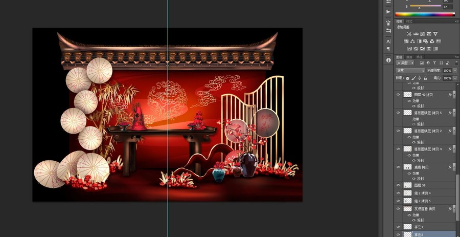 中式屋檐瓦楞紅墻婚禮效果圖
