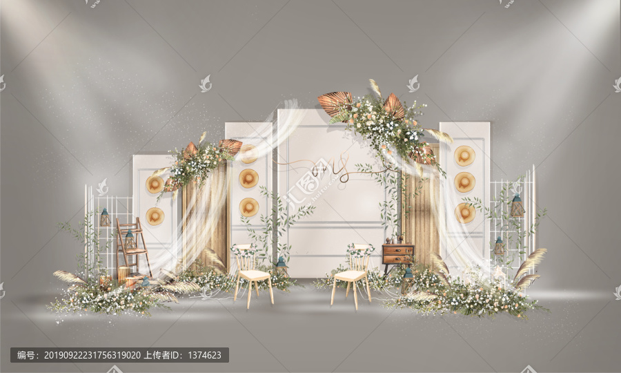 戶(hù)外白綠小清新手繪婚禮背景