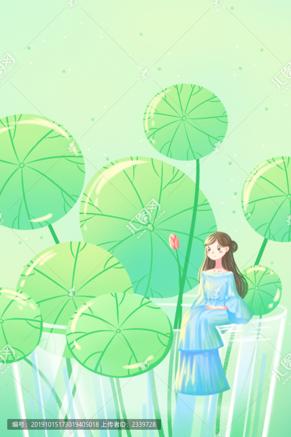 绿色卡通小清新初夏立夏莲花插画