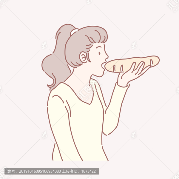 线条风格吃着法国面包的女性