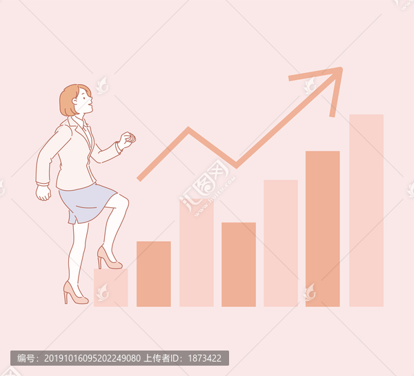 線條風格踩著圖表向上走的職員