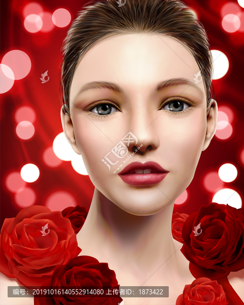 艳丽模特儿与玫瑰花装饰