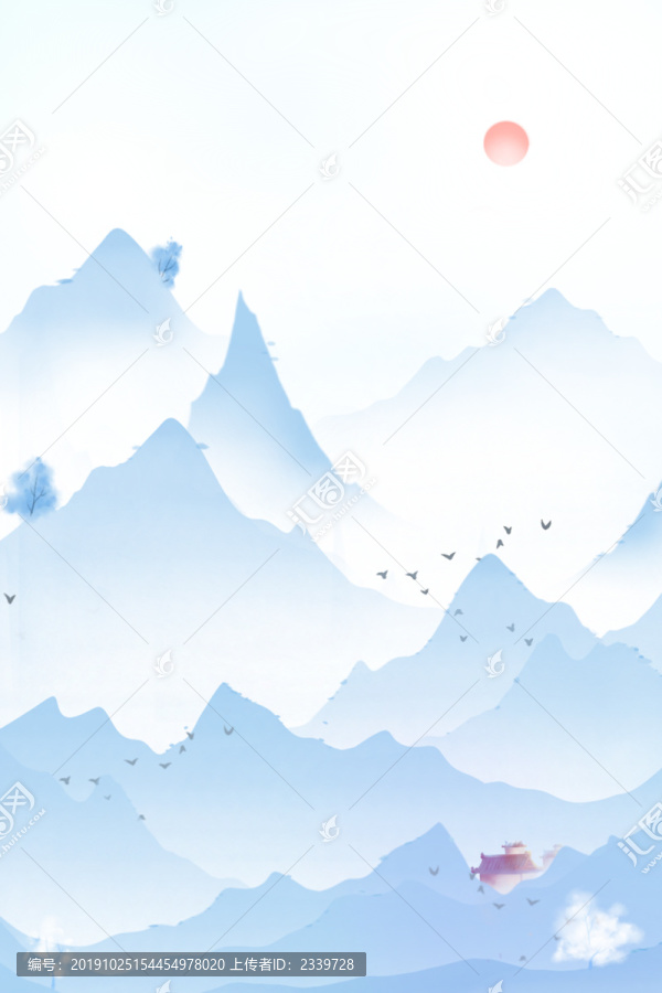 藍(lán)色唯美卡通山川水墨風(fēng)景插畫