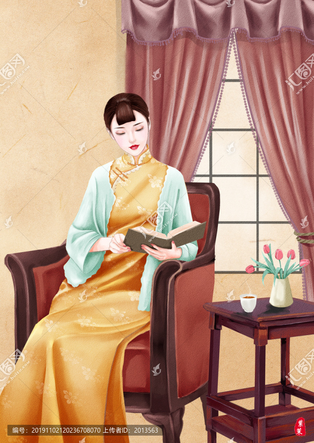 喝茶看书的女人