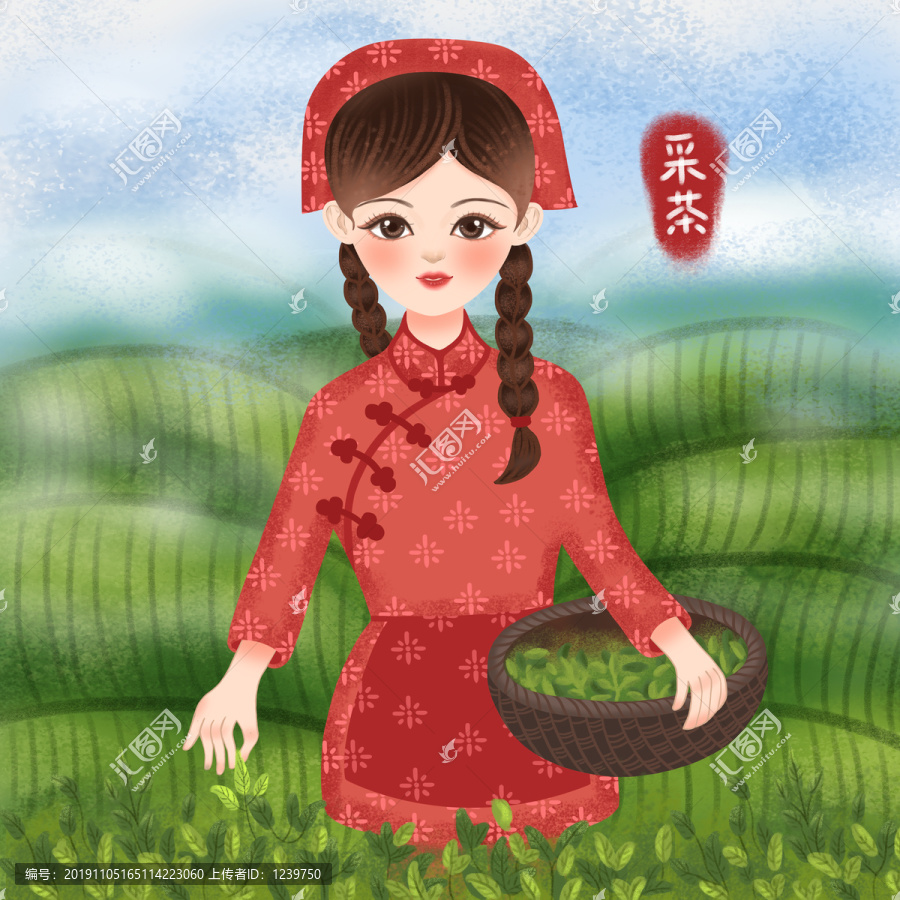 端竹筐的采茶女茶園女孩插畫(huà)