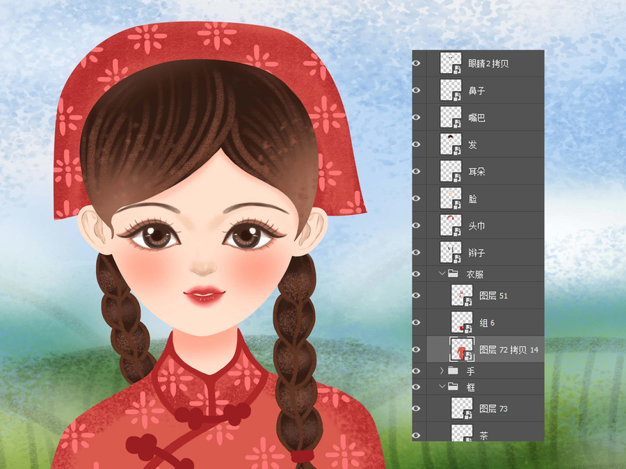 端竹筐的采茶女茶園女孩插畫(huà)