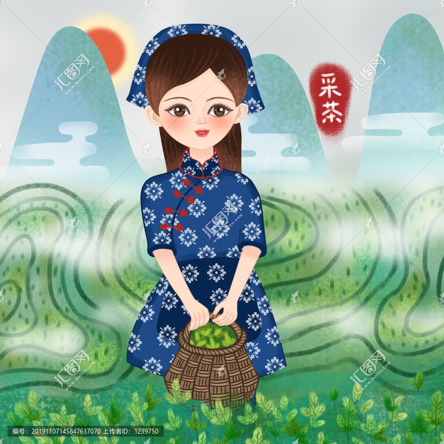 茶葉手繪插畫包裝采茶女農家女