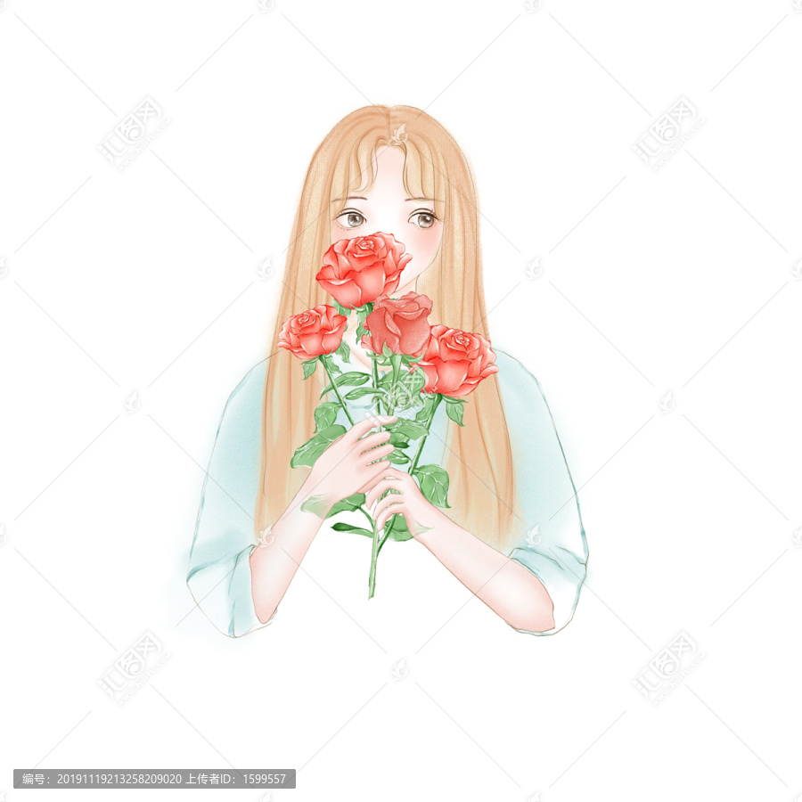 少女與玫瑰手繪