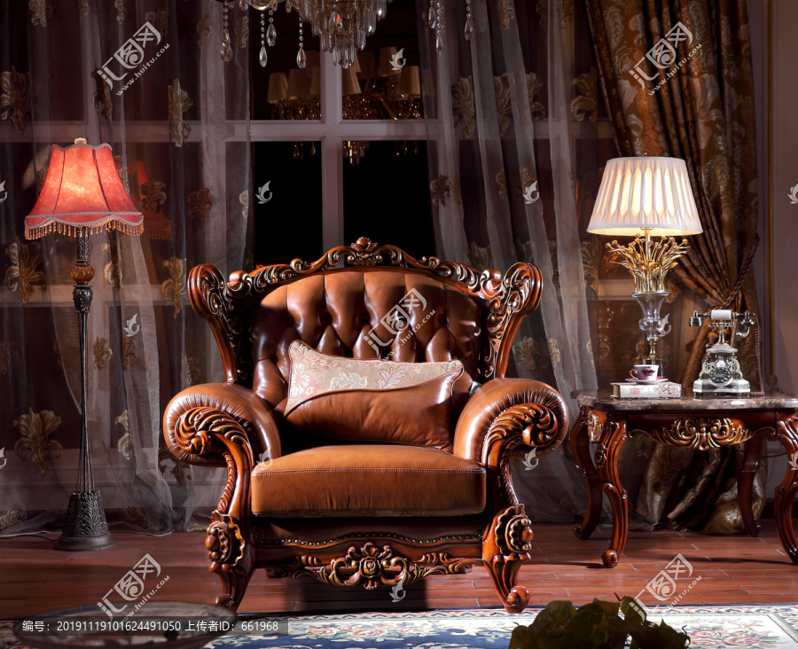 美式实木真皮主人位沙发正面家具
