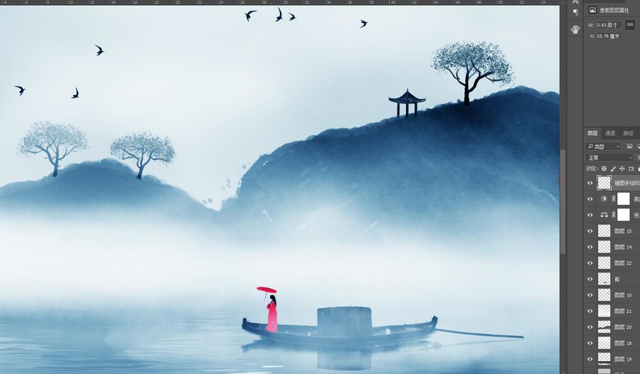 水墨山水圓框裝飾畫