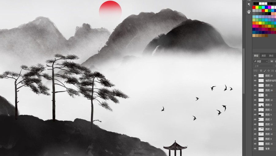 云海奇松水墨山水畫(huà)