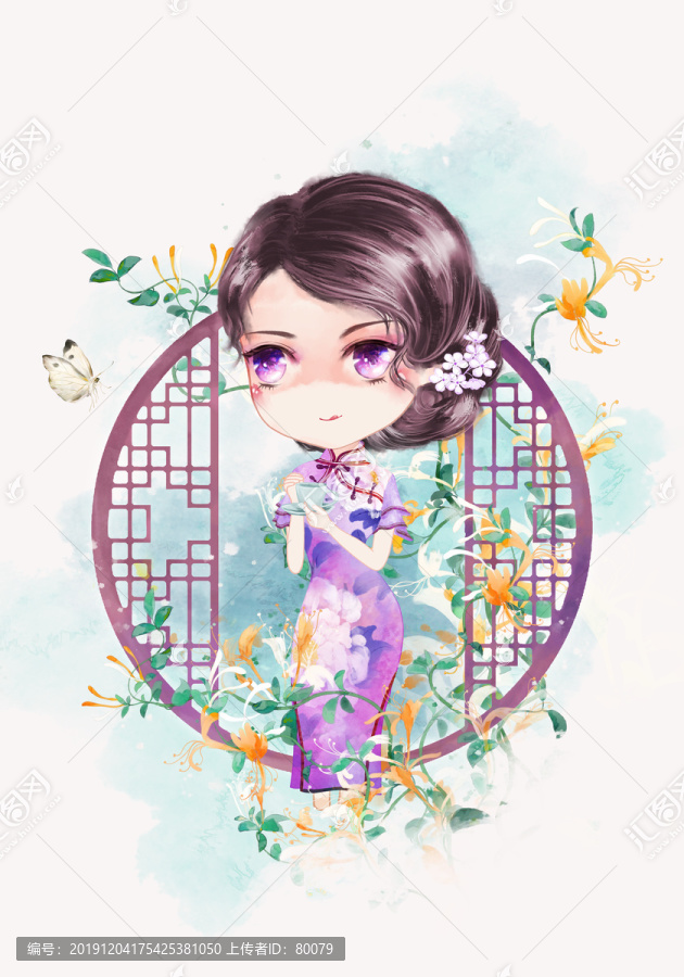 Q版旗袍女孩品茶