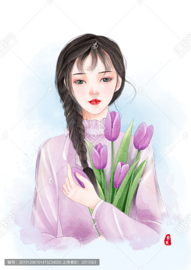手捧郁金香的女孩插畫
