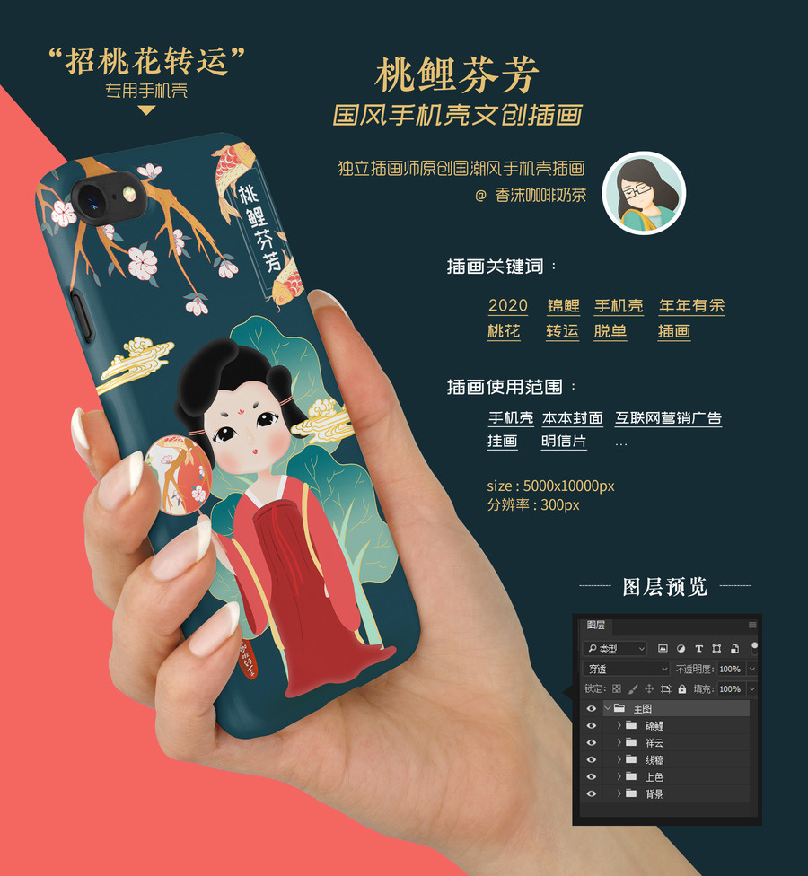 唐小皇錦鯉桃花轉(zhuǎn)運(yùn)侍女手機(jī)殼