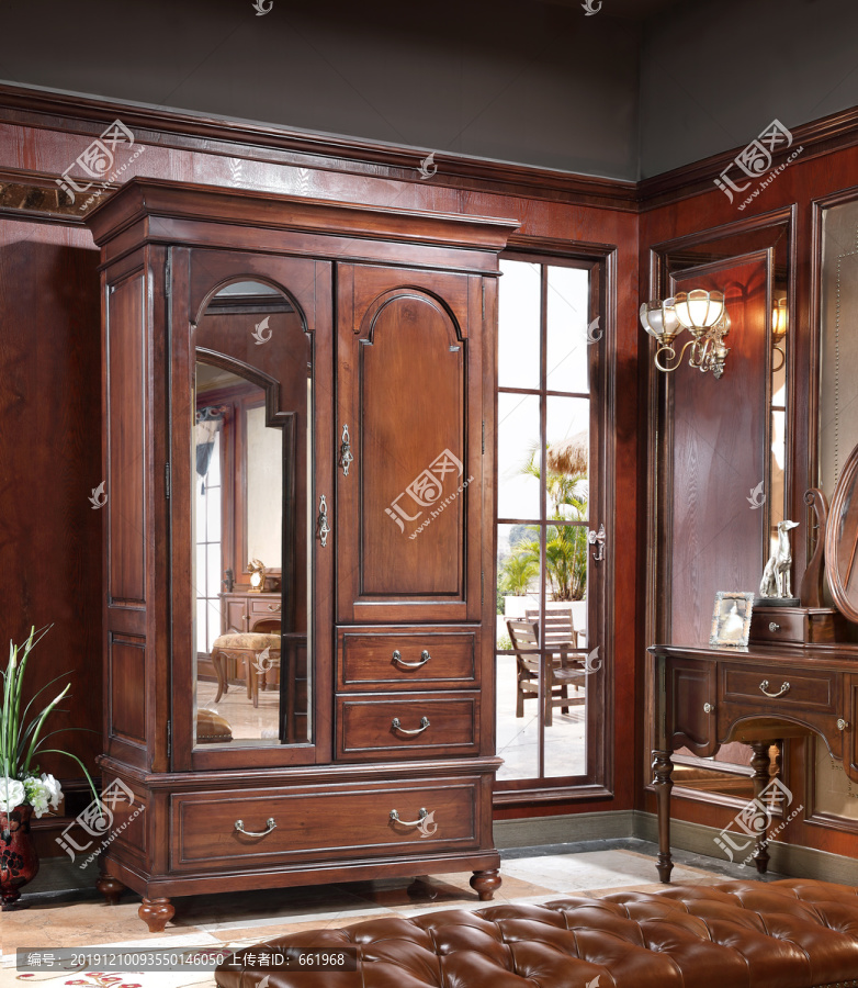 美式实木衣柜带镜子家具