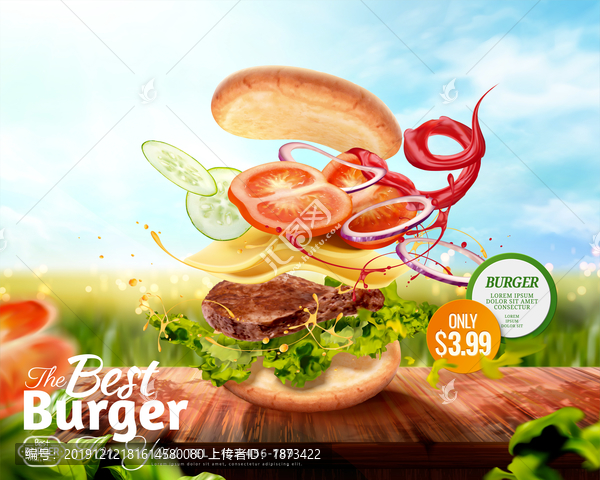 模糊原野背景上的美味汉堡广告与飞舞配料