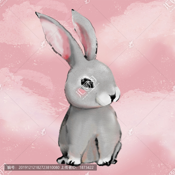 手繪可愛毛茸茸灰兔插畫