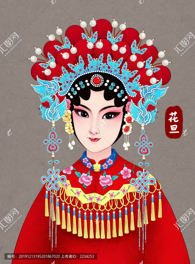 京劇花旦鳳冠臉譜人物插畫