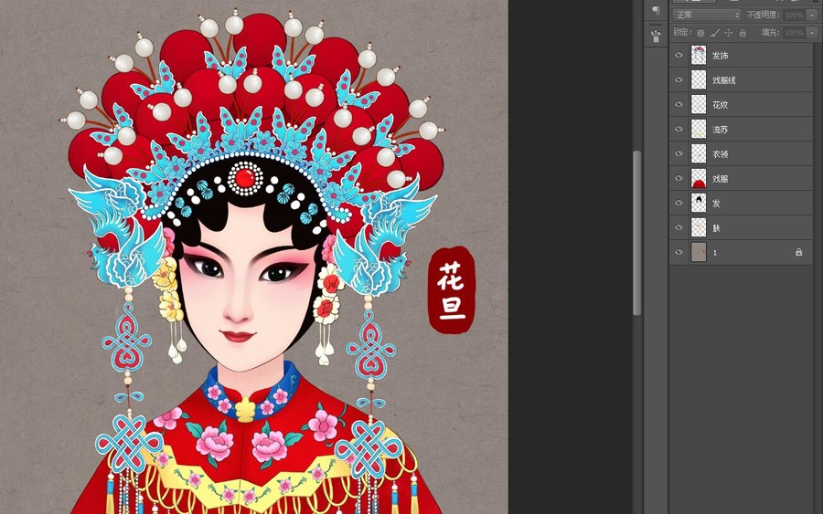 京劇花旦鳳冠臉譜人物插畫
