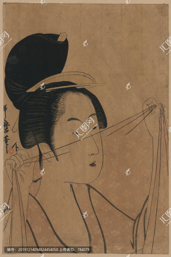 喜多川歌麿拿紗幔的婦女