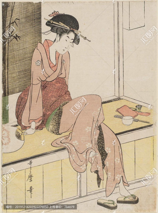 喜多川歌麿一個(gè)女人坐在陽(yáng)臺(tái)的邊緣上