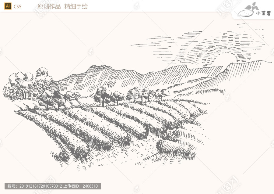 手繪茶園農場矢量圖