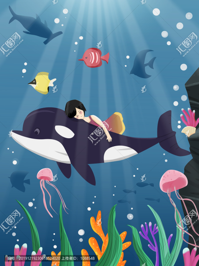 原創(chuàng)中國藍大海女孩鯨魚插畫