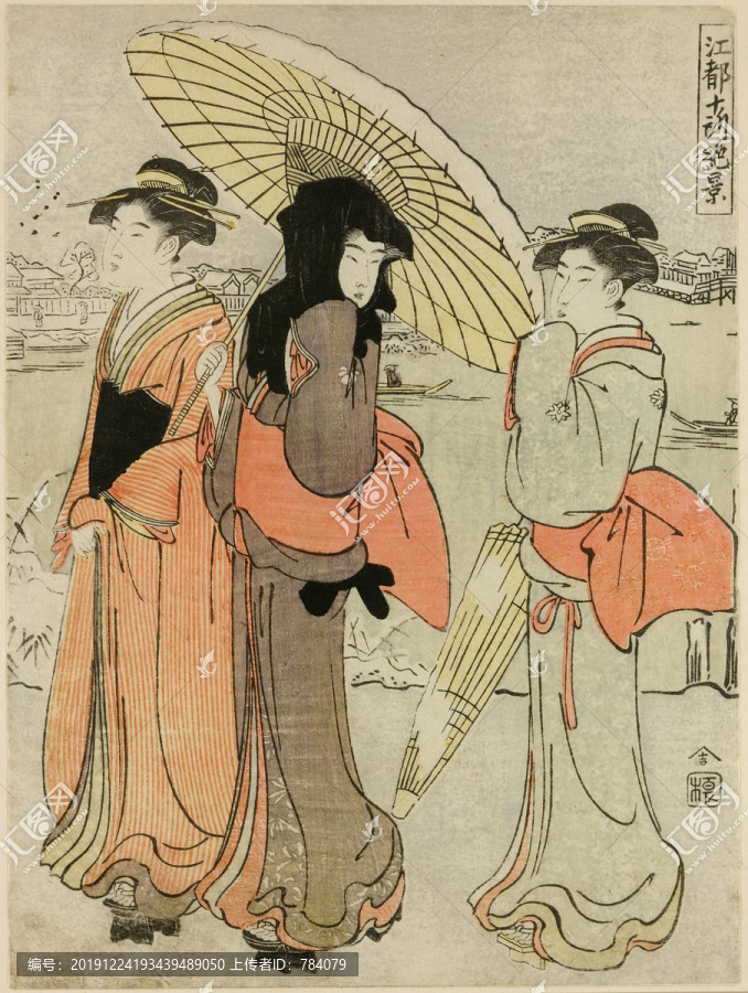 礒田湖龙斋下雪天白色的遮阳伞的三个女孩