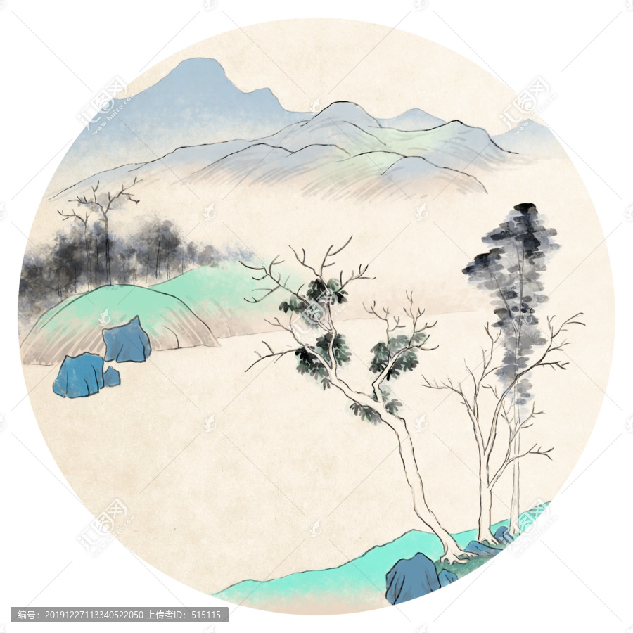 青绿重彩山水团扇手绘中国画