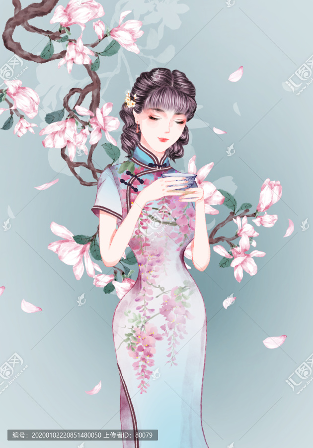 喝茶的旗袍美女