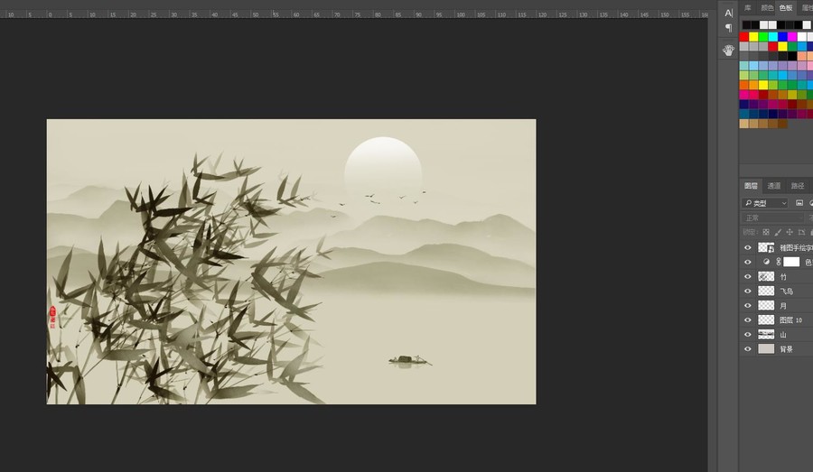 手繪新中式山水墨竹背景墻裝飾畫(huà)