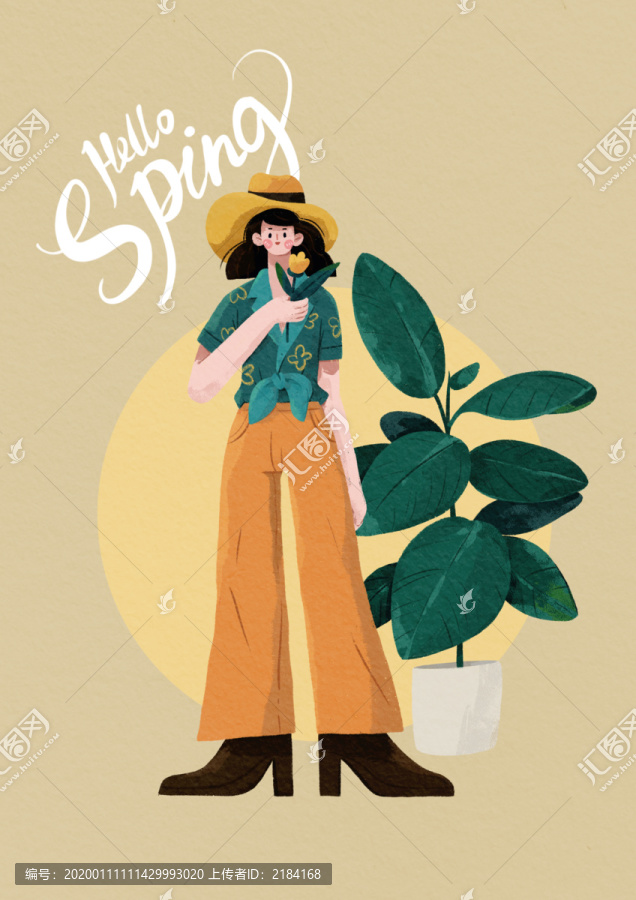 你好春天春季女孩鮮花植物插畫