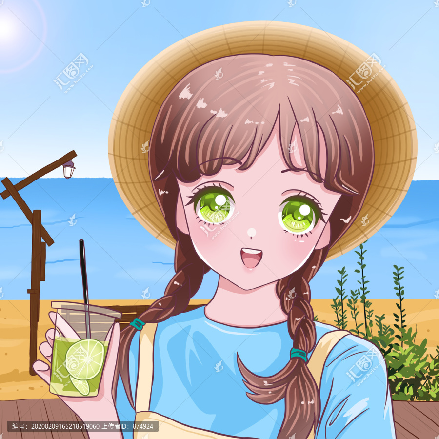 檸檬茶女孩小清新插畫