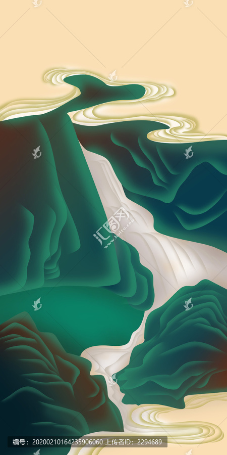 工筆畫古韻新中式青山流水