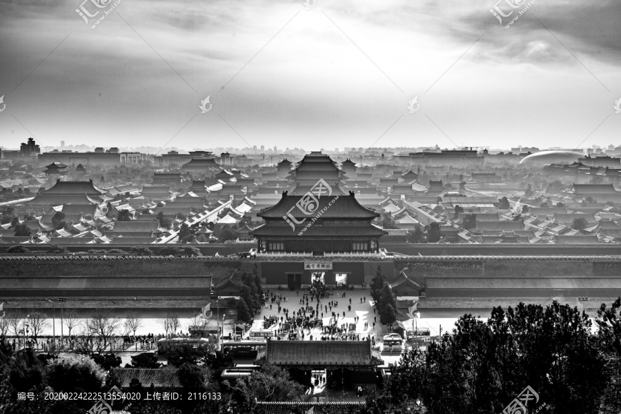 北京故宫全景古建筑黑白风光图
