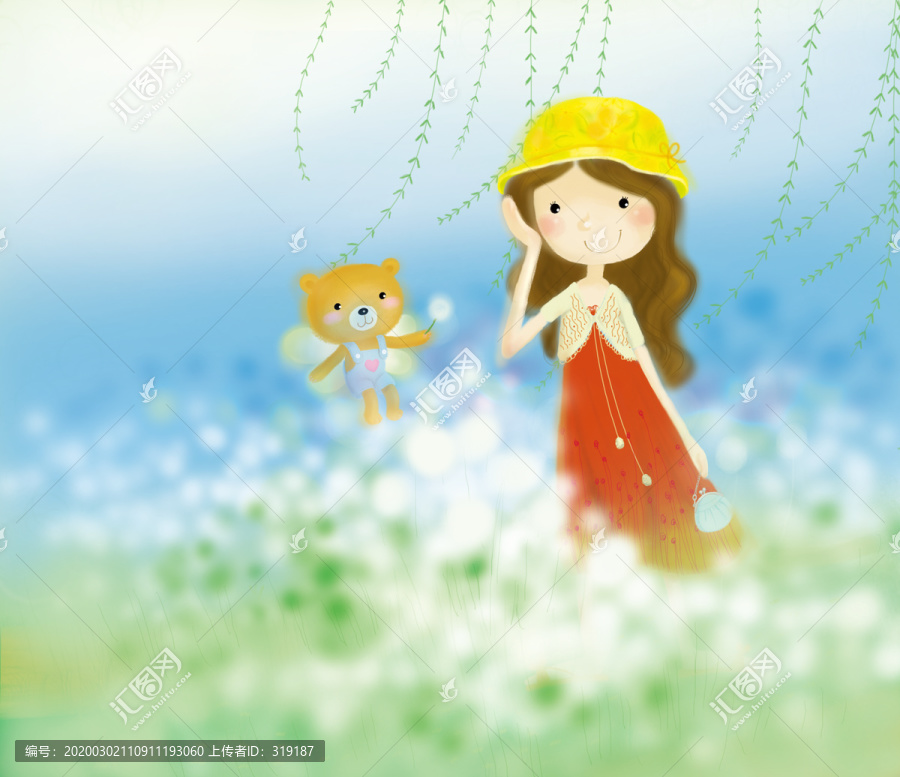 春天夏天女孩和小熊兒童插畫