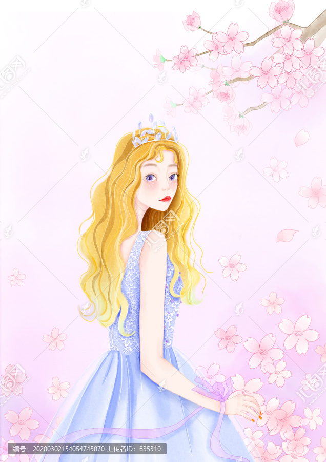 手繪少女櫻花女孩插畫