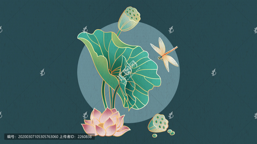 國潮中國風金線描邊花卉荷花