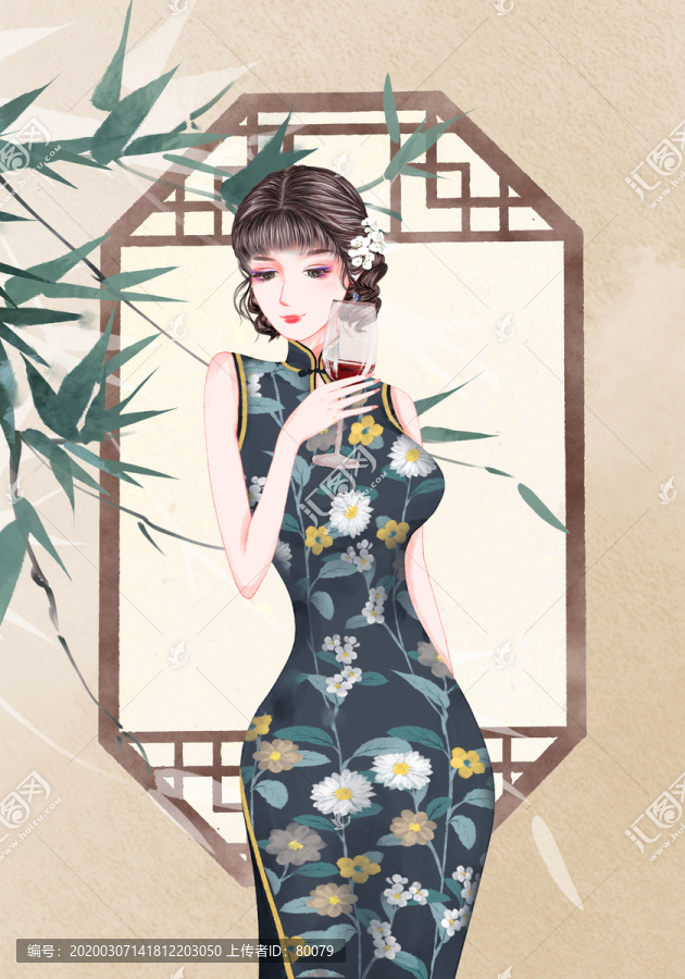 品紅酒旗袍美女
