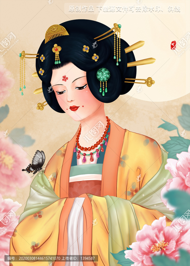 牡丹花叢中的唐朝美女