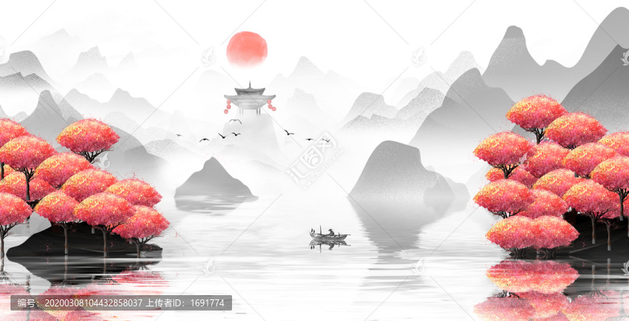 中國紅水墨山水畫