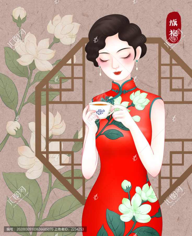 旗袍美女茉莉花茶