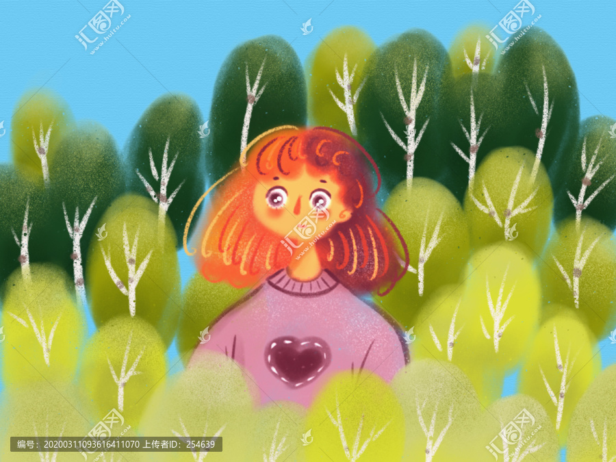 樹林中小女孩插畫