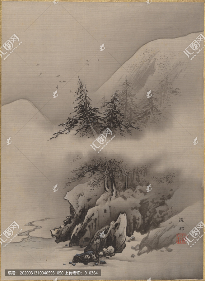 橋本雅邦水墨高山松雪圖