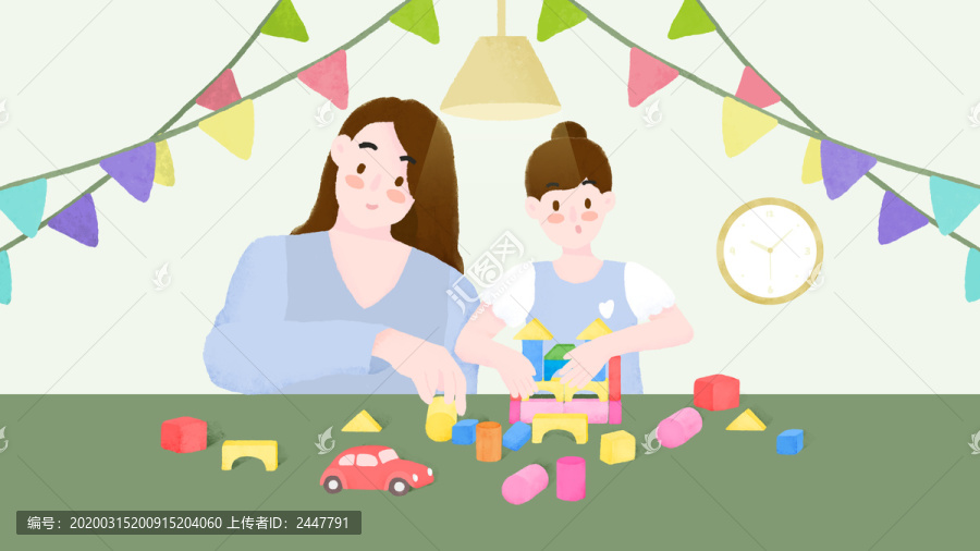 陪孩子在玩積木的母親