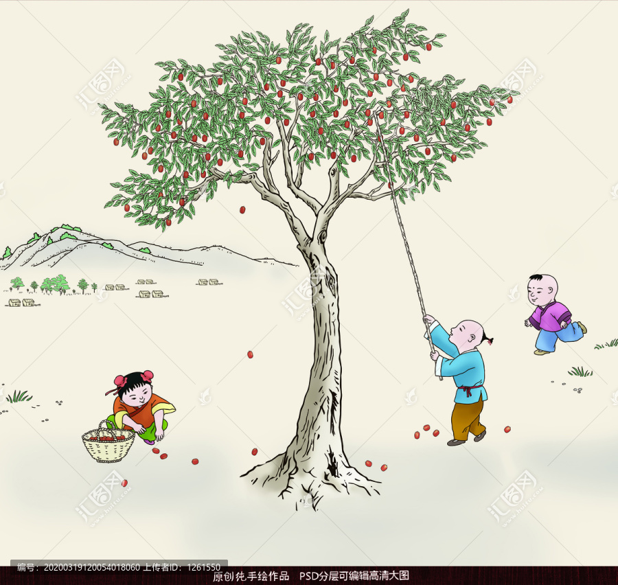 古代勞動場景打棗子