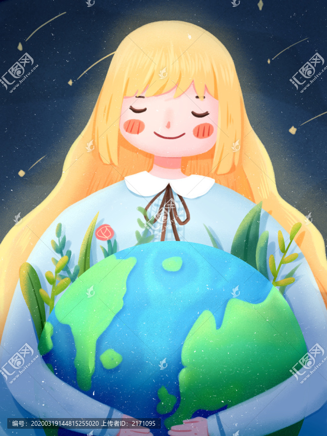女孩怀抱地球绿色植物地球一小时